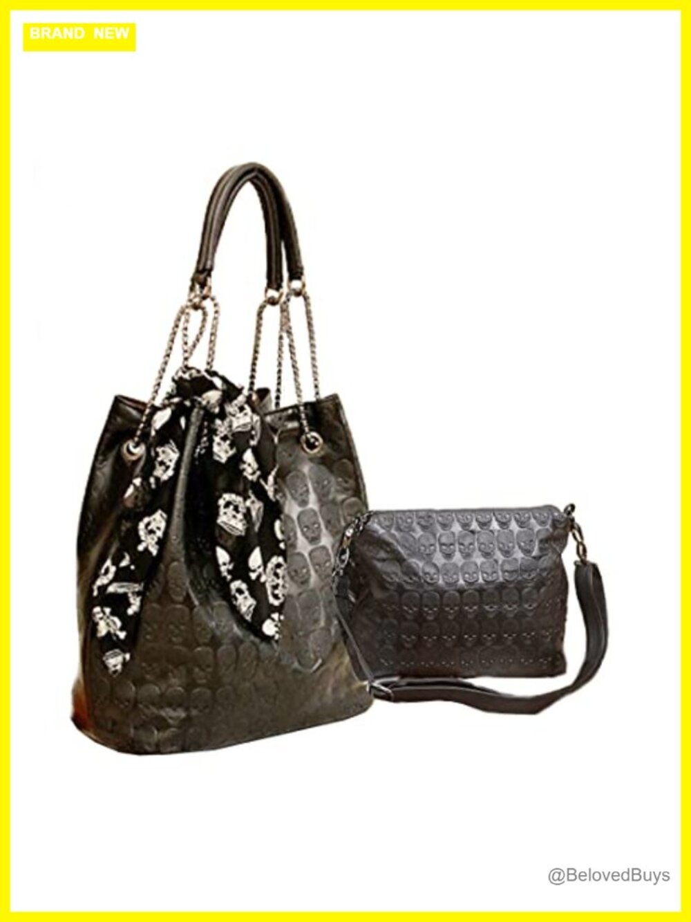 Skull Print PU Leather Hobo Tote Shoulder Bag with Chain Strap